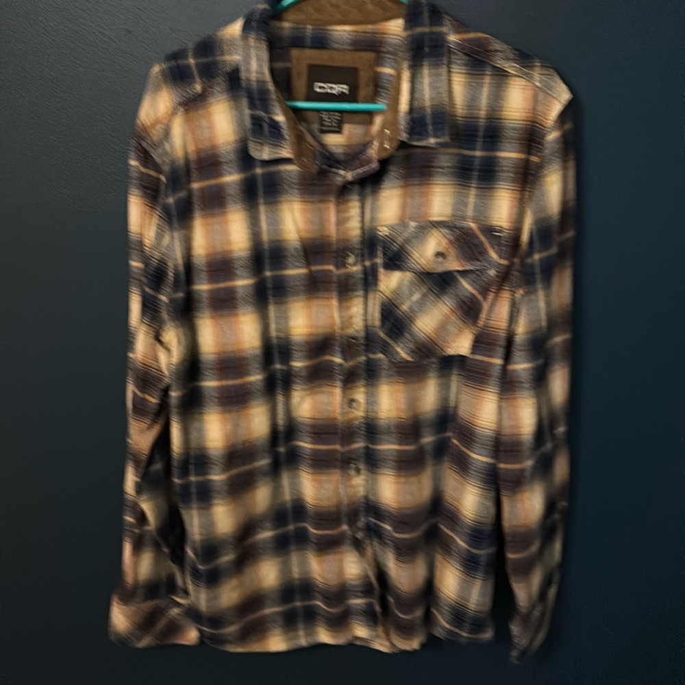 CQR Women’s Flannel Button Down Quality Cotton Brown/Blue Plaid SzXL
